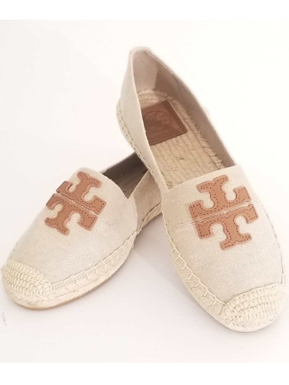 Tory Burch Beige Canvas Weston Espadrille Flats with Tan Logo - Picture 1 of 9